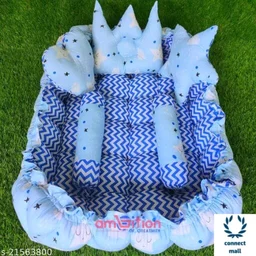 Pink Unique Newborn Baby Round Tub Bedding Set, Reversible Bed Set Cum Mattress with 3 Multi Shape Pillows for Newborn to Toddlers ( Blue& Sky Blue) - Blue & Sky Blue